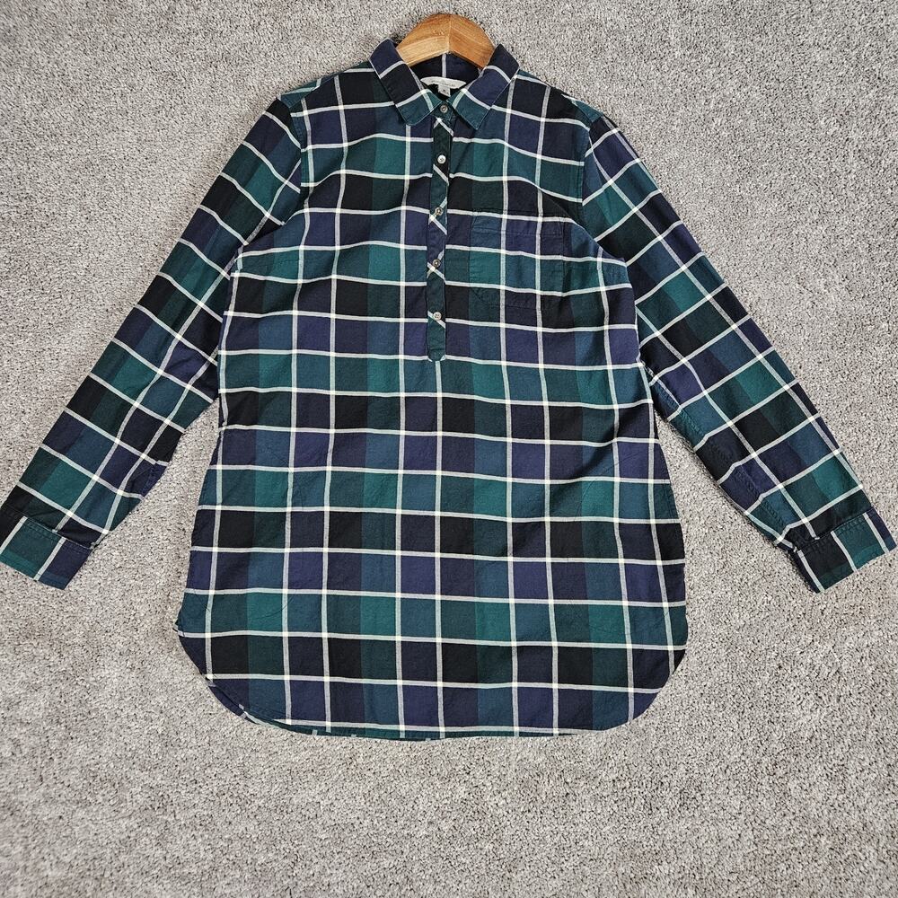 LL Bean Signature Shirt Womens Medium Green Blue Plaid Flannel Tunic Cabincore